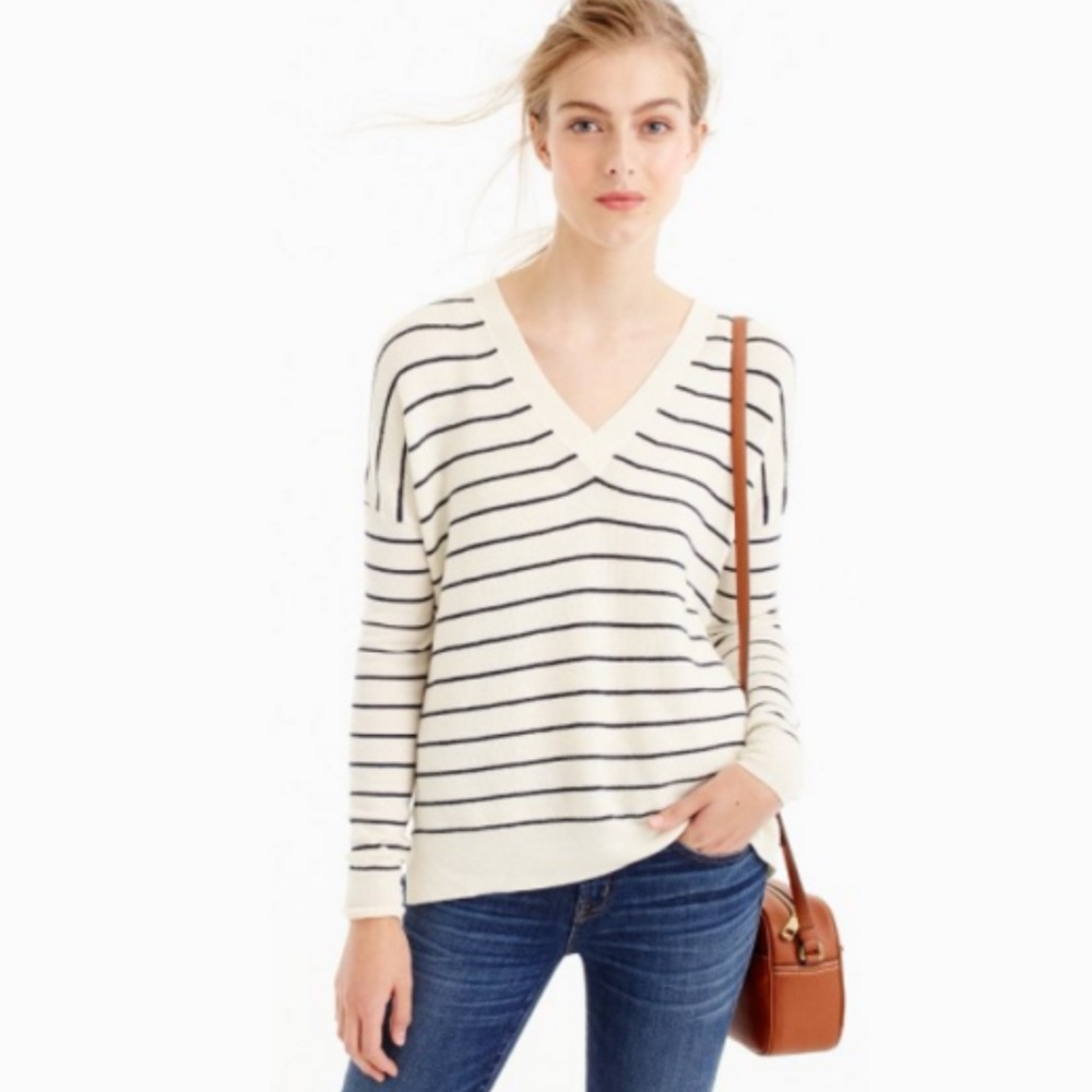J.Crew Women's Cream and Navy Striped Sweater